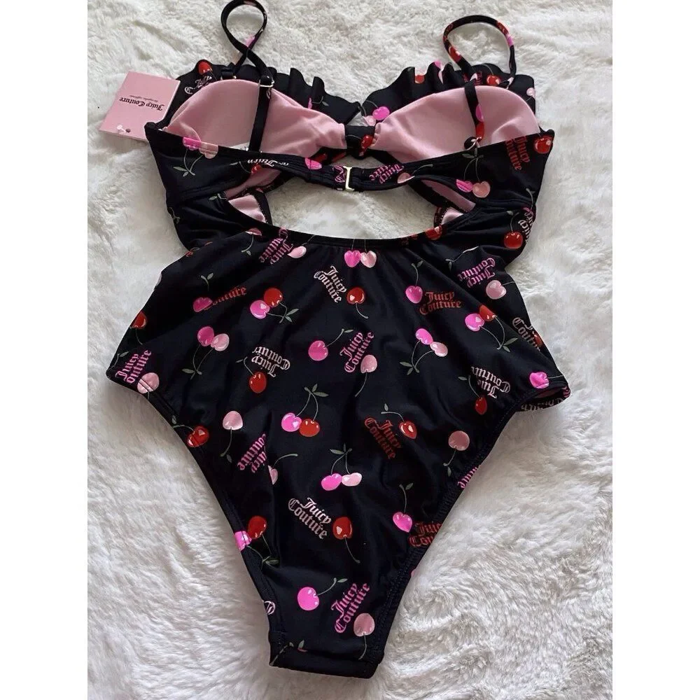 Juicy‎ Couture Ruffle Cut Out Swimsuit One Piece Lined Cherry Logo Size M NEW